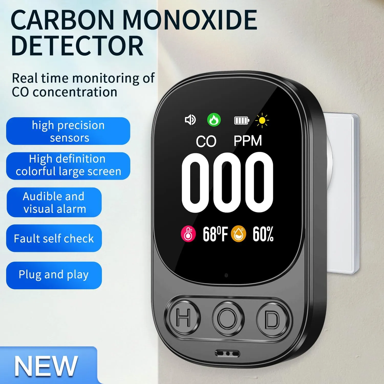 3in1 Plug in Carbon Monoxide Detectors Built-in Rechargeable Backup Battery Plug&Play CO Temp Humidity with 2.1'' HD Screen & Indicator 85dB Alarm for Home Hotel RV (1-Pack, Black)