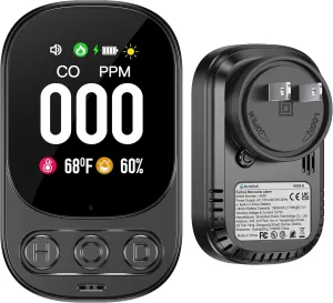 3in1 Plug in Carbon Monoxide Detectors Built-in Rechargeable Backup Battery Plug&Play CO Temp Humidity with 2.1'' HD Screen & Indicator 85dB Alarm for Home Hotel RV (1-Pack, Black)