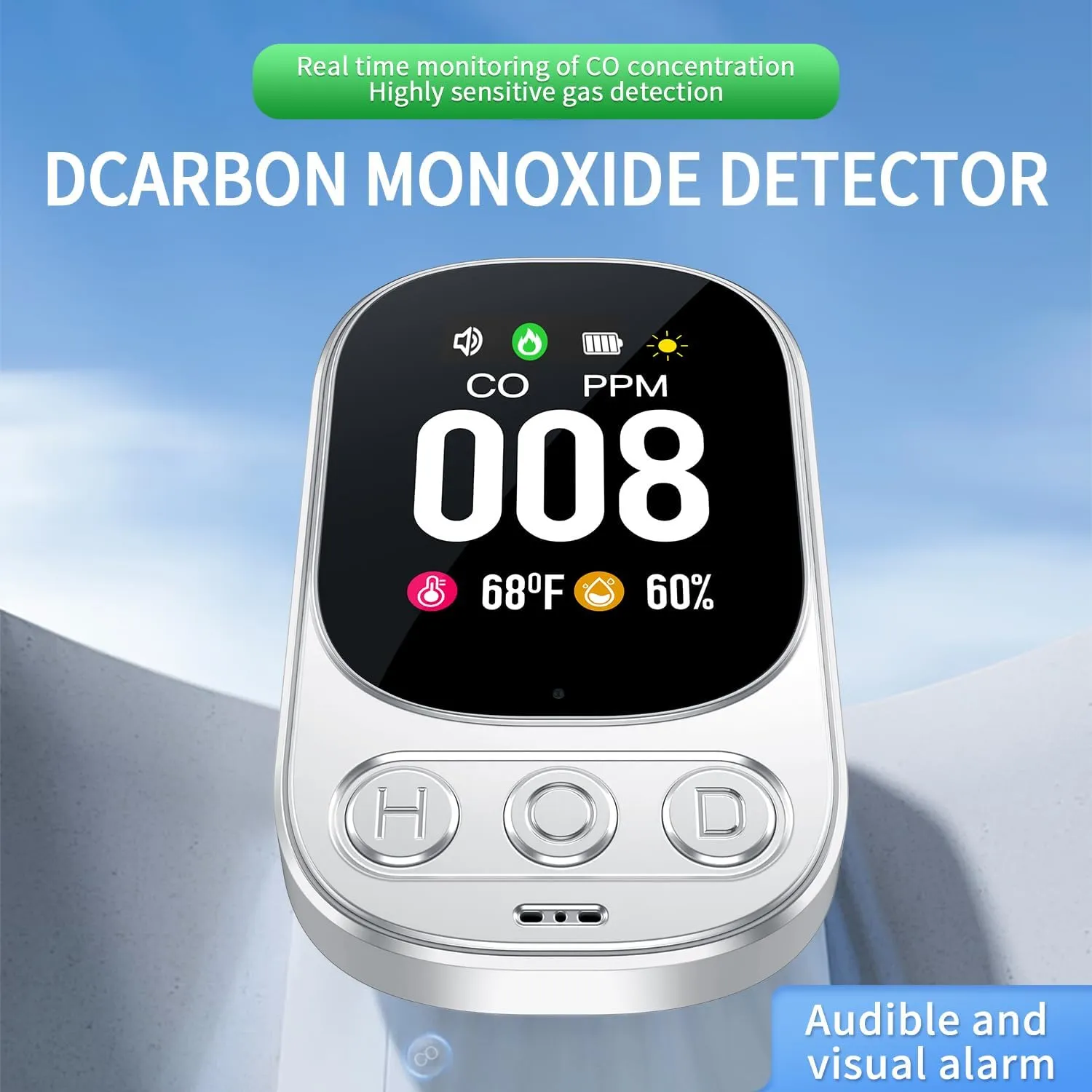 3in1 Plug in Carbon Monoxide Detectors Built-in Rechargeable Backup Battery Plug&Play CO Temp Humidity with 2.1'' HD Screen & Indicator 85dB Alarm for Home Hotel RV (1-Pack, White)