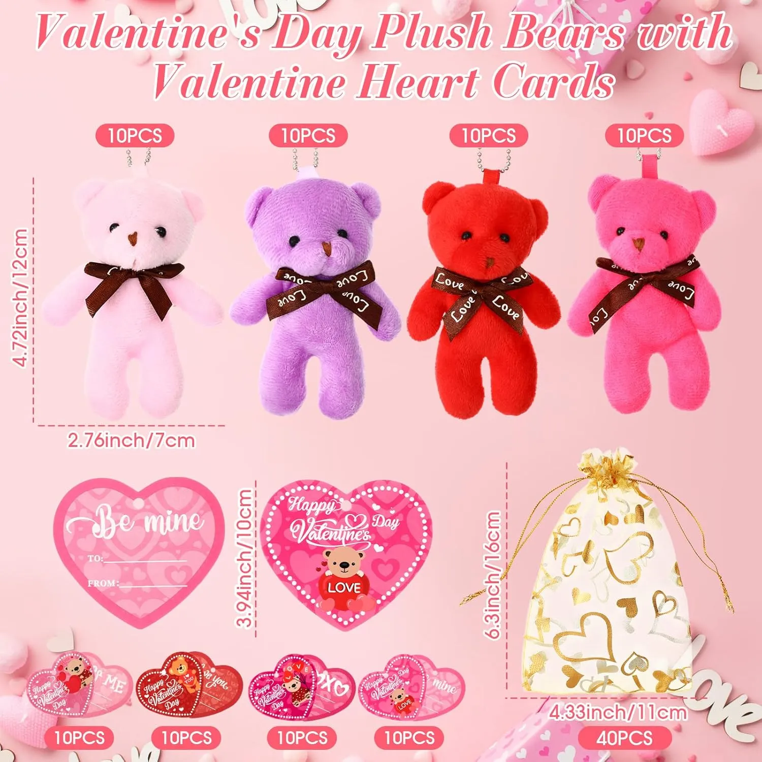 40 Pack Mini Plush Bears with Heart Cards and Organza Bags 4.7 Inch Small Stuffed Bear for Classroom School Exchange Prize Gifts Party Favors(Colorful)