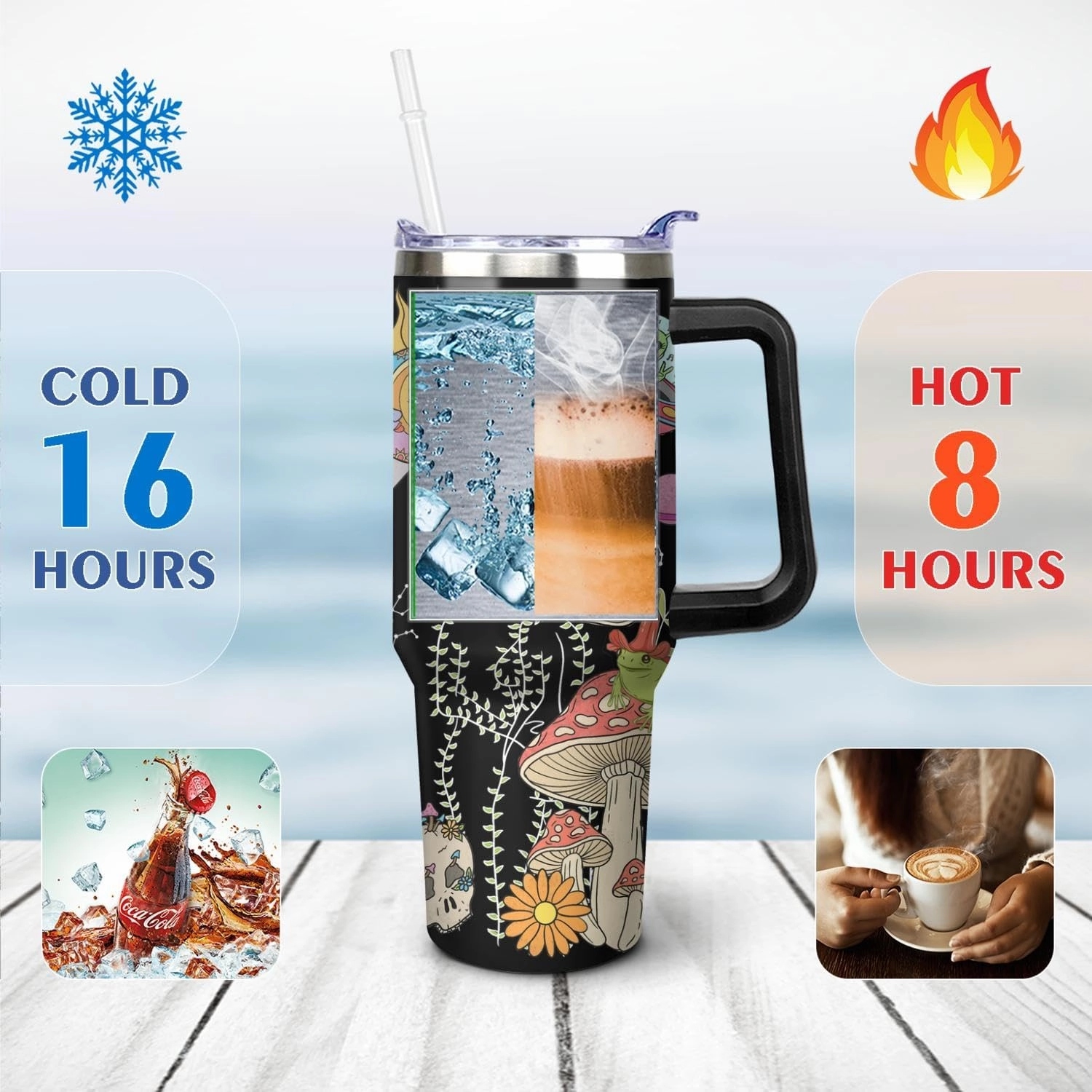 40 oz Mushroom Tumbler with Handle and Straw Lid,Leak Proof Travel Stainless Insulated Tumbler,Cup Holder Friendly,Perfect for Outdoor Travel Car and Sports