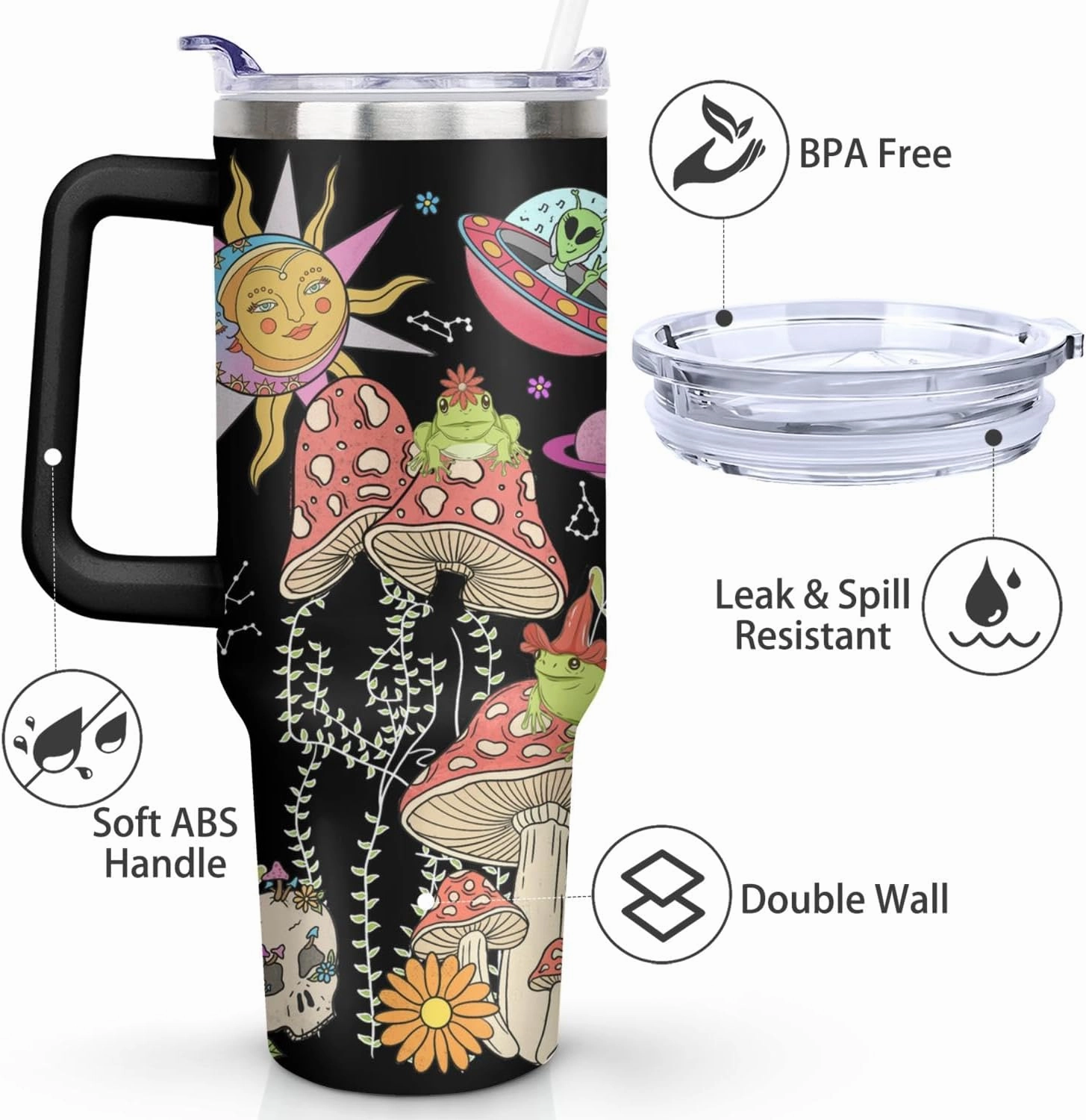40 oz Mushroom Tumbler with Handle and Straw Lid,Leak Proof Travel Stainless Insulated Tumbler,Cup Holder Friendly,Perfect for Outdoor Travel Car and Sports