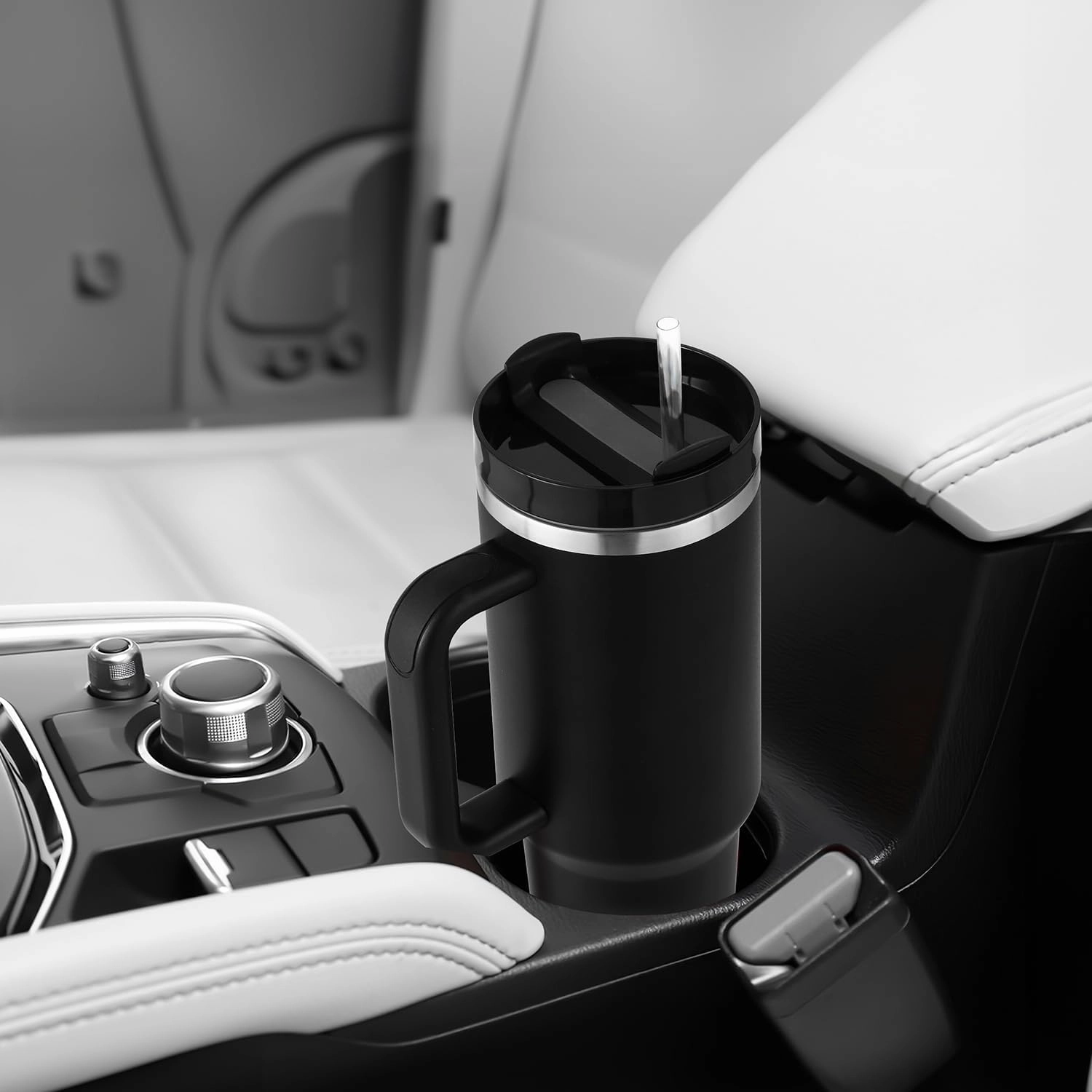 40 oz Tumbler with Handle Straw Lid Insulated Stainless Steel Vacuum Reusable Keep Drinks Cold Coffee Cup Holder Friendly Gifts for Women Men Lover Car Gym Travel, Black