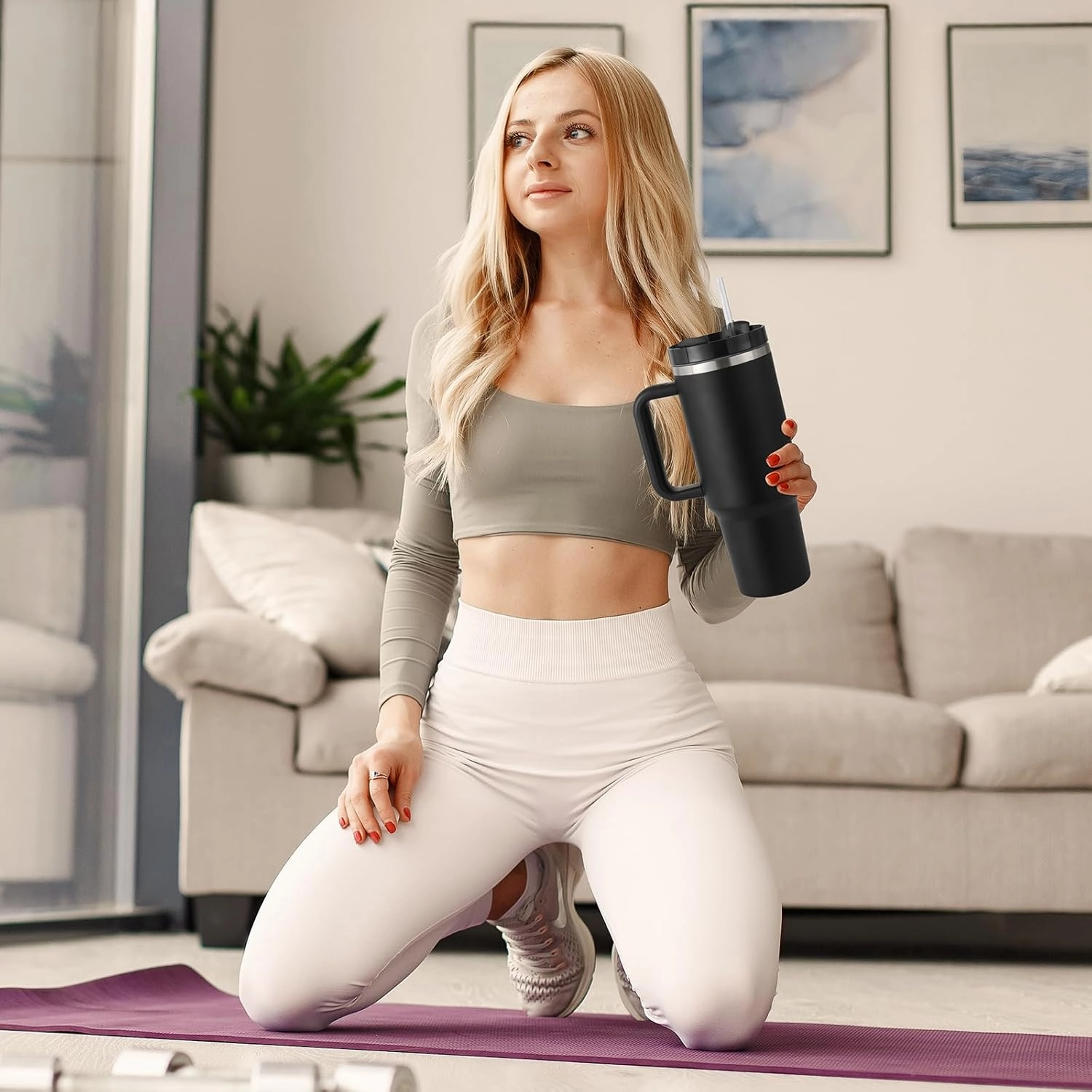 40 oz Tumbler with Handle Straw Lid Insulated Stainless Steel Vacuum Reusable Keep Drinks Cold Coffee Cup Holder Friendly Gifts for Women Men Lover Car Gym Travel, Black