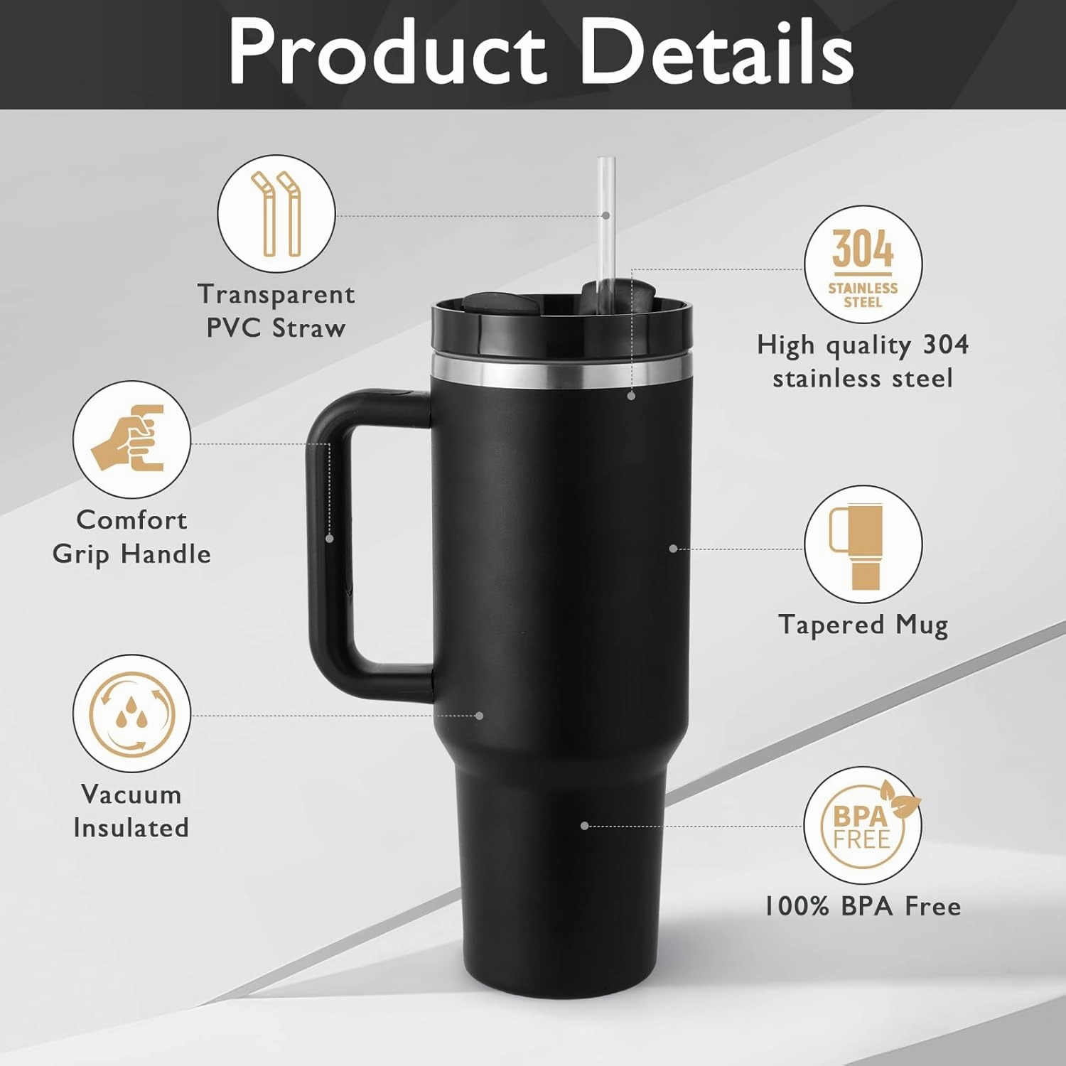 40 oz Tumbler with Handle Straw Lid Insulated Stainless Steel Vacuum Reusable Keep Drinks Cold Coffee Cup Holder Friendly Gifts for Women Men Lover Car Gym Travel, Black