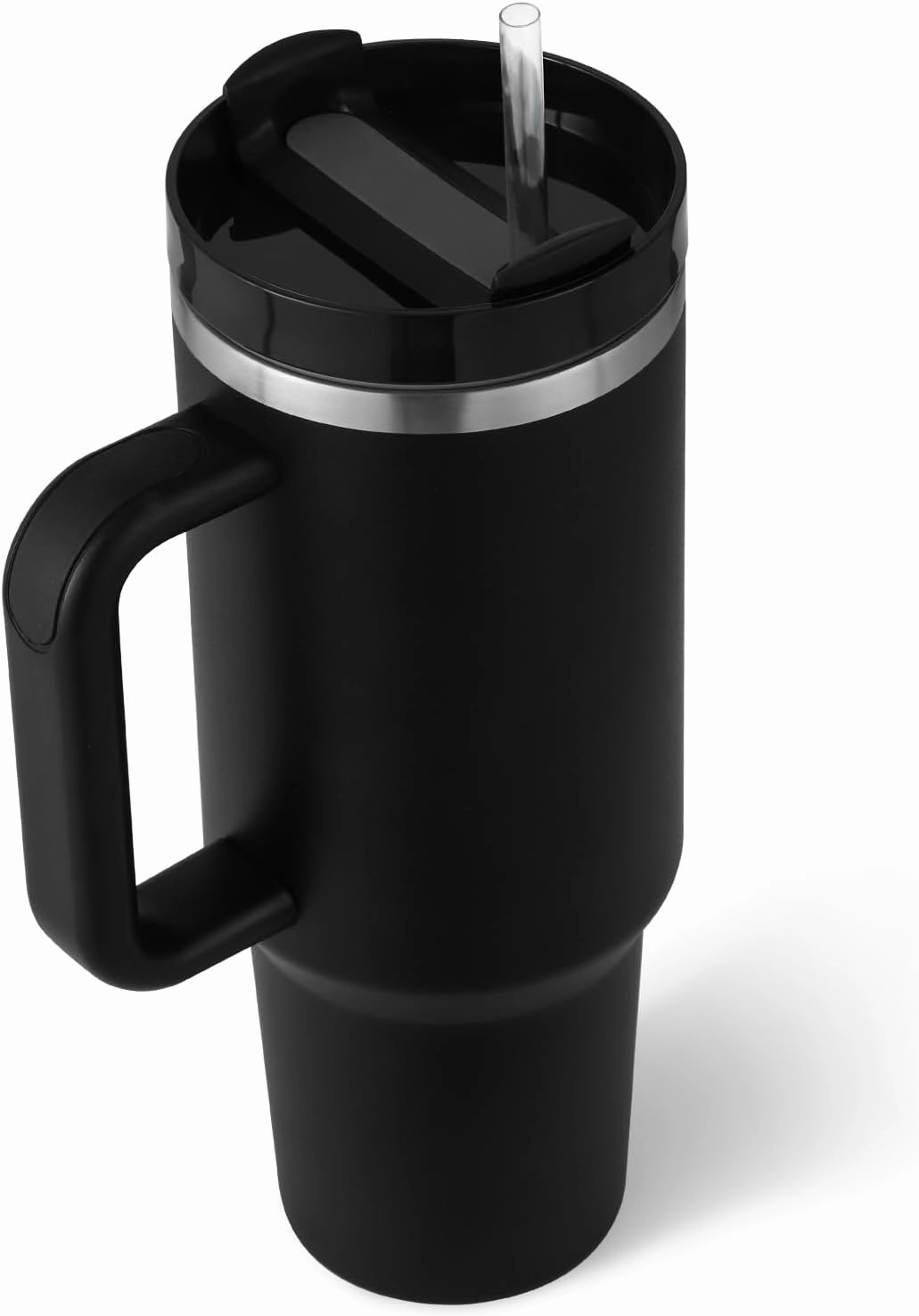 40 oz Tumbler with Handle Straw Lid Insulated Stainless Steel Vacuum Reusable Keep Drinks Cold Coffee Cup Holder Friendly Gifts for Women Men Lover Car Gym Travel, Black