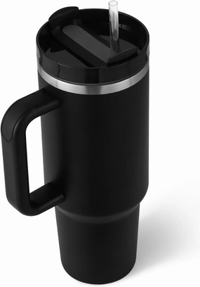 40 oz Tumbler with Handle Straw Lid Insulated Stainless Steel Vacuum Reusable Keep Drinks Cold Coffee Cup Holder Friendly Gifts for Women Men Lover Car Gym Travel, Black