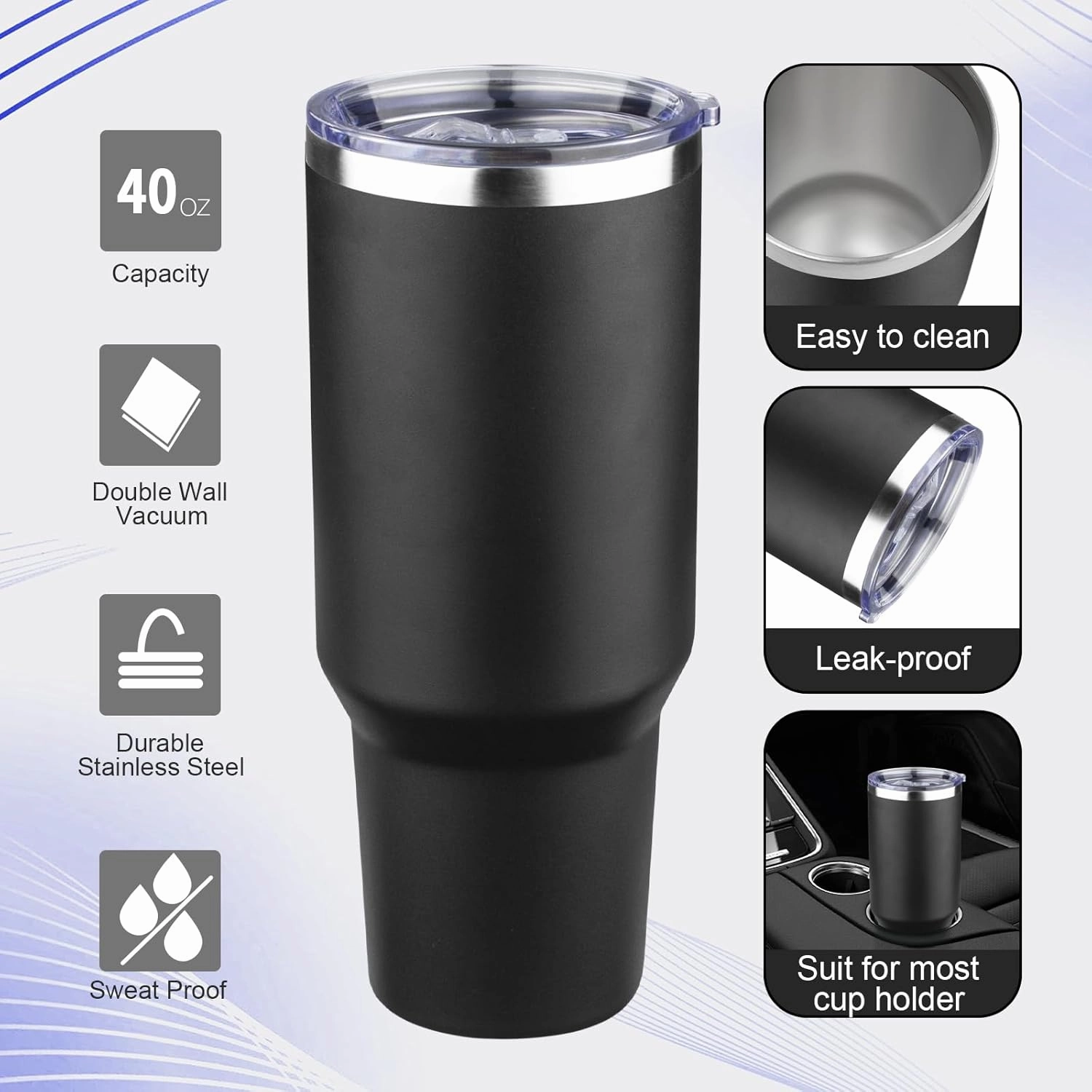 40 oz Tumbler with Lids and Straws Double Wall Vacuum Insulated Tumbler Cup,Stainless Steel Leak-proof Thermal Tumbler Powder Coated Travel Coffee Mug for Cold and Hot Drinks,Black