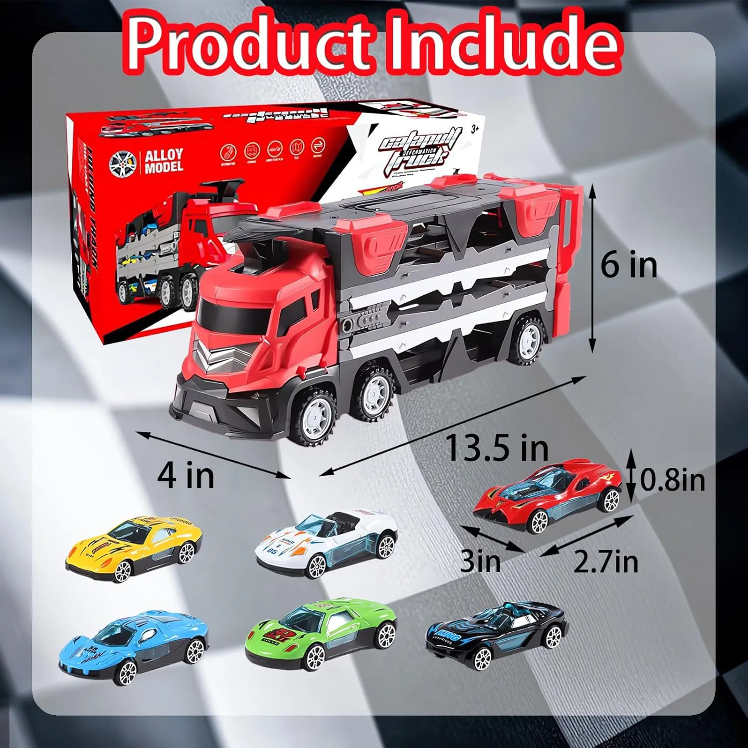 47 Inches Race Track for Ages 3,4,5 Year Old Kids Birthday Gifts Foldable Ejection Race Track Toy Cars for Toddlers 3-4 Years Car Toys Set with 1 Truck&6 Race Cars (Red)