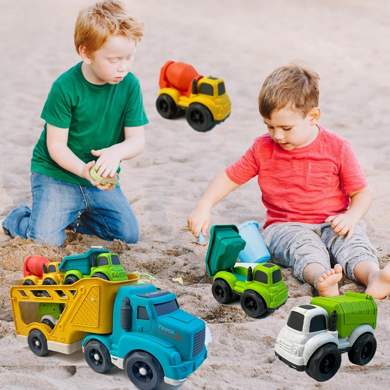 4 in 1 Toddlers Truck Toys for 1 2 3 4 Year Old, Truck Toy Set Includes Dump Truck, Garbage Truck, Mixer Cement, No BPA, Phthalates, PVC, Birthday Xmas Gifts for Toddlers,Outdoor Toys for Kid