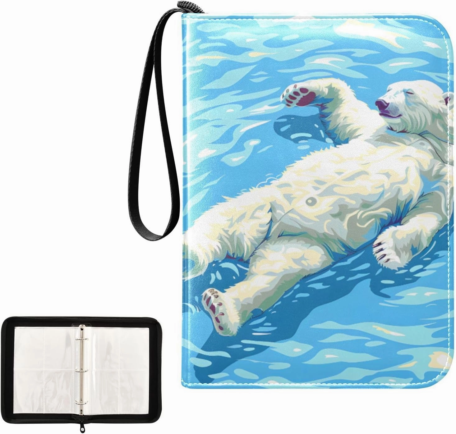 4 Pockets Trading Card Album Holder Book Folder Sports Card Binder Polar Bear Floating 400 Double Side Pockets for 3 Ring Binder Zipper