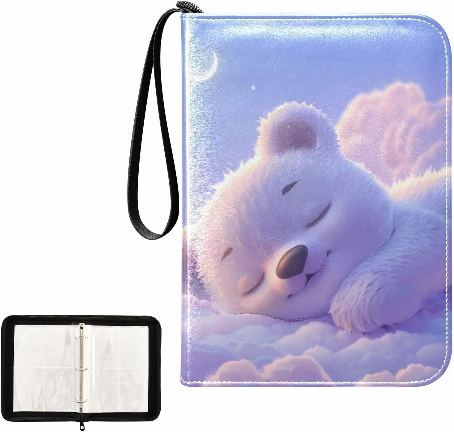 4 Pockets Trading Card Album Holder Book Folder Sports Card Binder White Bear 400 Double Side Pockets for 3 Ring Binder Zipper