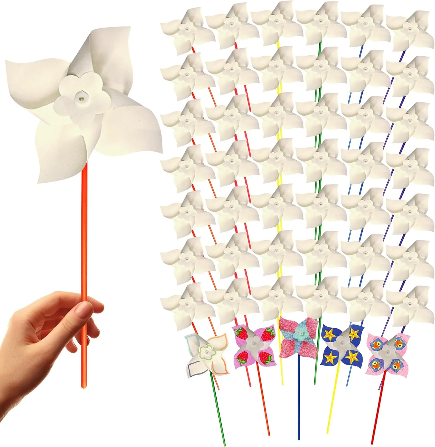 4E's Novelty DIY Pinwheels Craft for Kids (24 Pack) Color Your Own White Pinwheels, Bulk Summer Spring Easter Craft Kit for Boys & Girls, Arts and Craft Party Activity, Easter Basket Stuffers