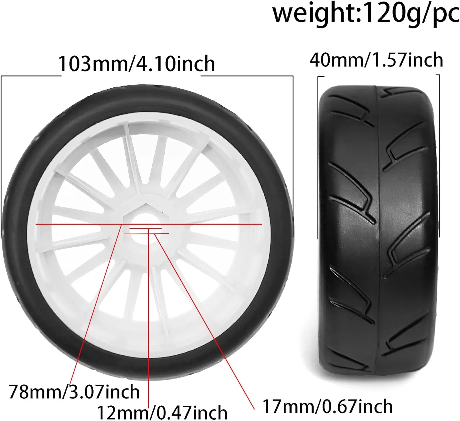 4PCS RC Off-Road Buggy 1:8 Tires and OD 103mm Arrow Pattern Hex 17mm Wheel Rims for 1:8 Scale RC On-Road Racing Car HPI WR8 HSP Hobao ARRMA Redcat Losi Kyosho VRX RC Rally Drift Car (A)