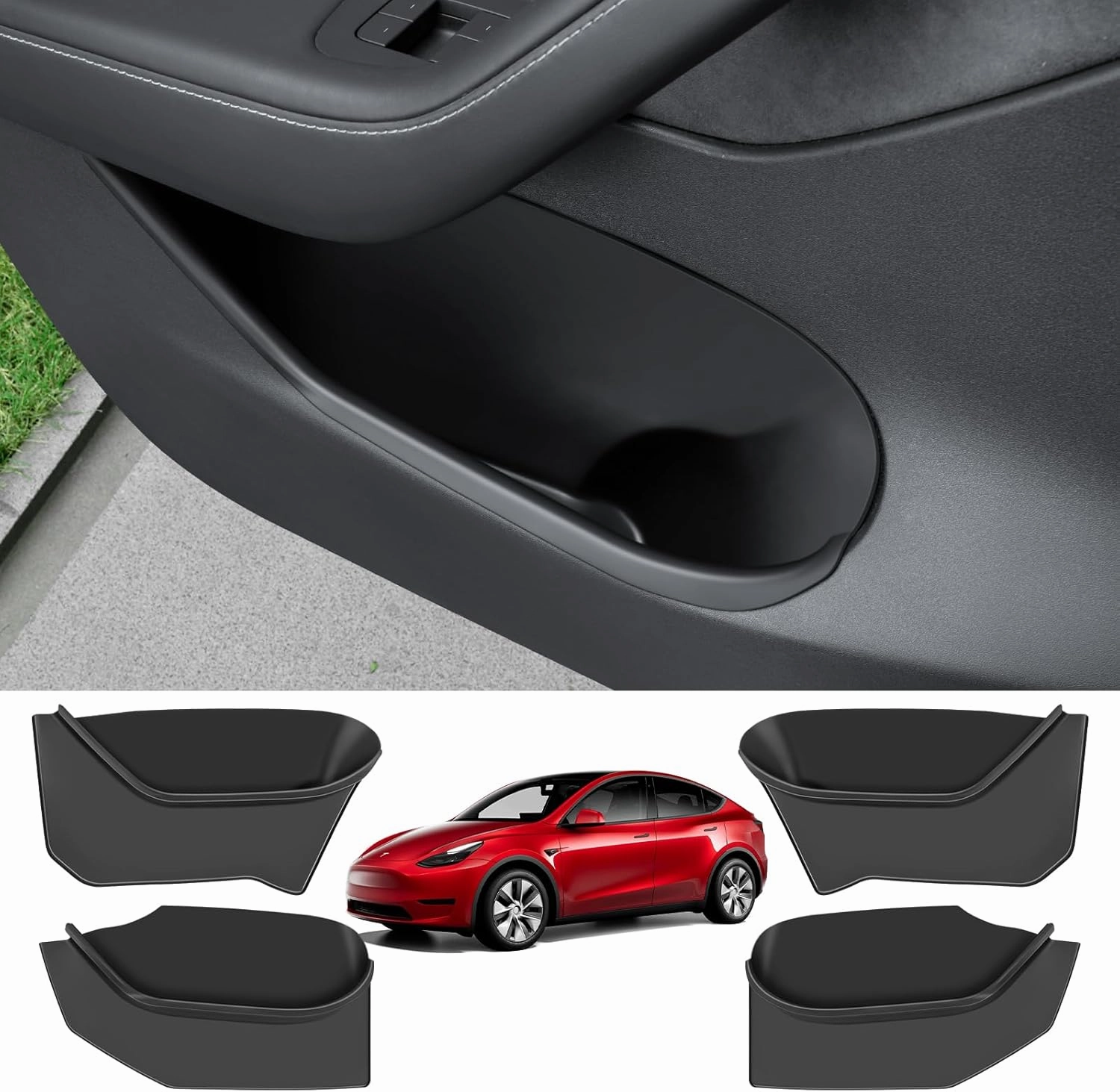 4PCS Door Side Storage Box for Tesla Model Y 2021-2024 Upgraded Silicone Organizer Front and Rear Slot Pockets Protector, Black