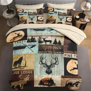 5 Pcs Twin Size Comforter Set with Pillowcase & Sham, Pine Animal Hunting Deer Bedding for Kids and Adults, Bear Wolf Tree Woodboard Bed in a Bag with Flat Fitted Sheet
