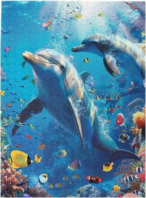 500 Piece Jigsaw Puzzle for Adults - Dolphins Fish Coral Reefs Sea Underwater Colorful Wooden Puzzle, Impossible Challenging Difficult Puzzles,