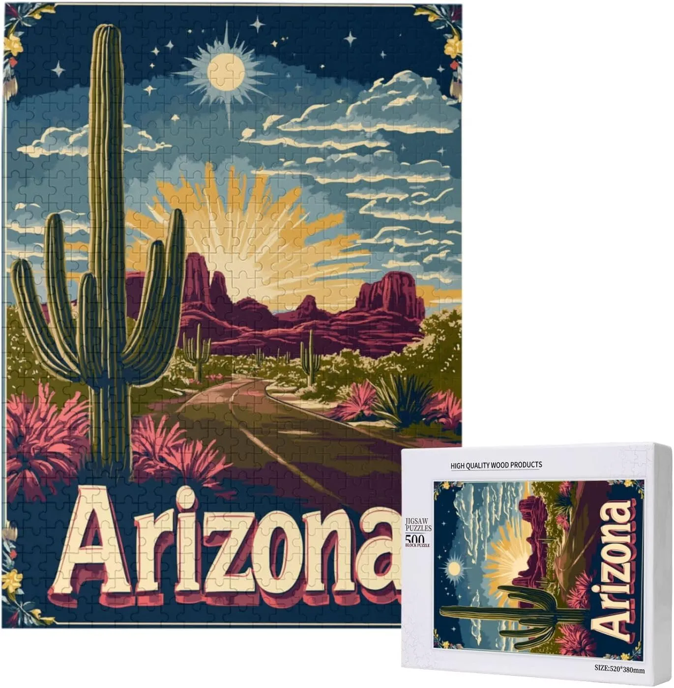 500 Piece Wooden Puzzle for Adults,Iconic Arizona Desert Landscape with Towering Saguaro Cacti,Southwestern Wilderness Artwork,Brain Training Challenge,Stress Relief Activity