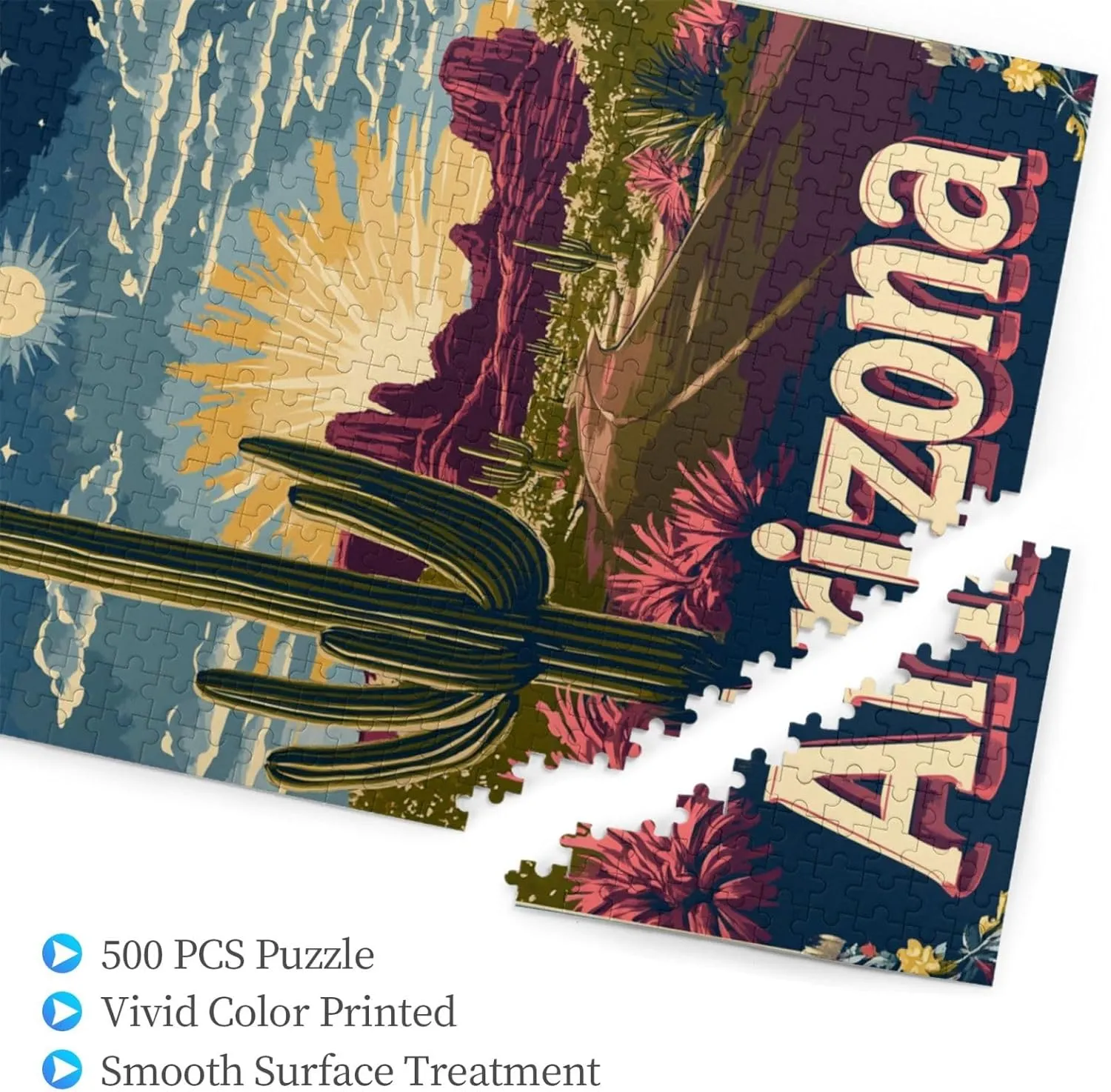 500 Piece Wooden Puzzle for Adults,Iconic Arizona Desert Landscape with Towering Saguaro Cacti,Southwestern Wilderness Artwork,Brain Training Challenge,Stress Relief Activity