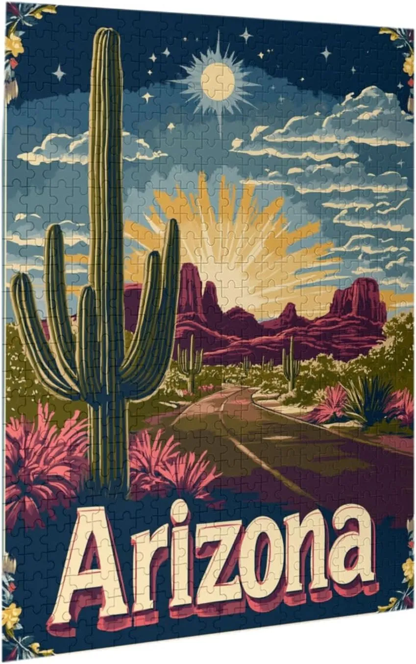 500 Piece Wooden Puzzle for Adults,Iconic Arizona Desert Landscape with Towering Saguaro Cacti,Southwestern Wilderness Artwork,Brain Training Challenge,Stress Relief Activity