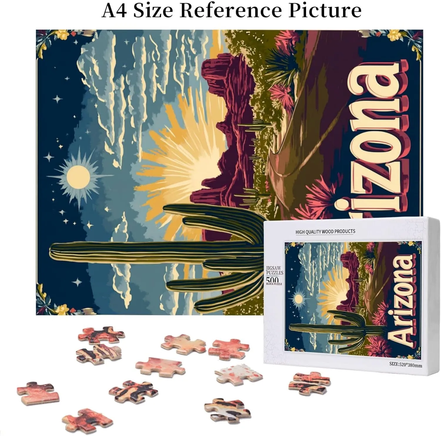 500 Piece Wooden Puzzle for Adults,Iconic Arizona Desert Landscape with Towering Saguaro Cacti,Southwestern Wilderness Artwork,Brain Training Challenge,Stress Relief Activity