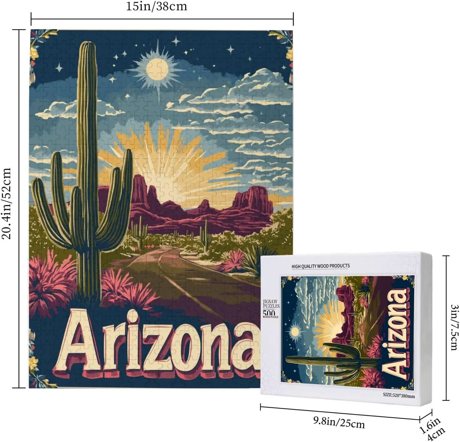 500 Piece Wooden Puzzle for Adults,Iconic Arizona Desert Landscape with Towering Saguaro Cacti,Southwestern Wilderness Artwork,Brain Training Challenge,Stress Relief Activity