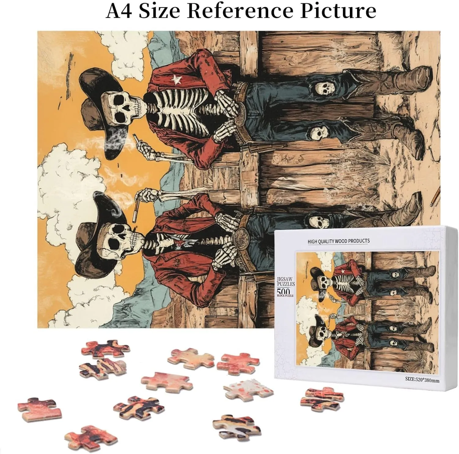 500 Piece Wooden Puzzle for Adults,Two Skeleton Cowboys in Desert,Brain Training Challenge, Stress Relief Activity,Unique Artwork for Adult,Eco-Friendly Pieces，Gifts for Friends