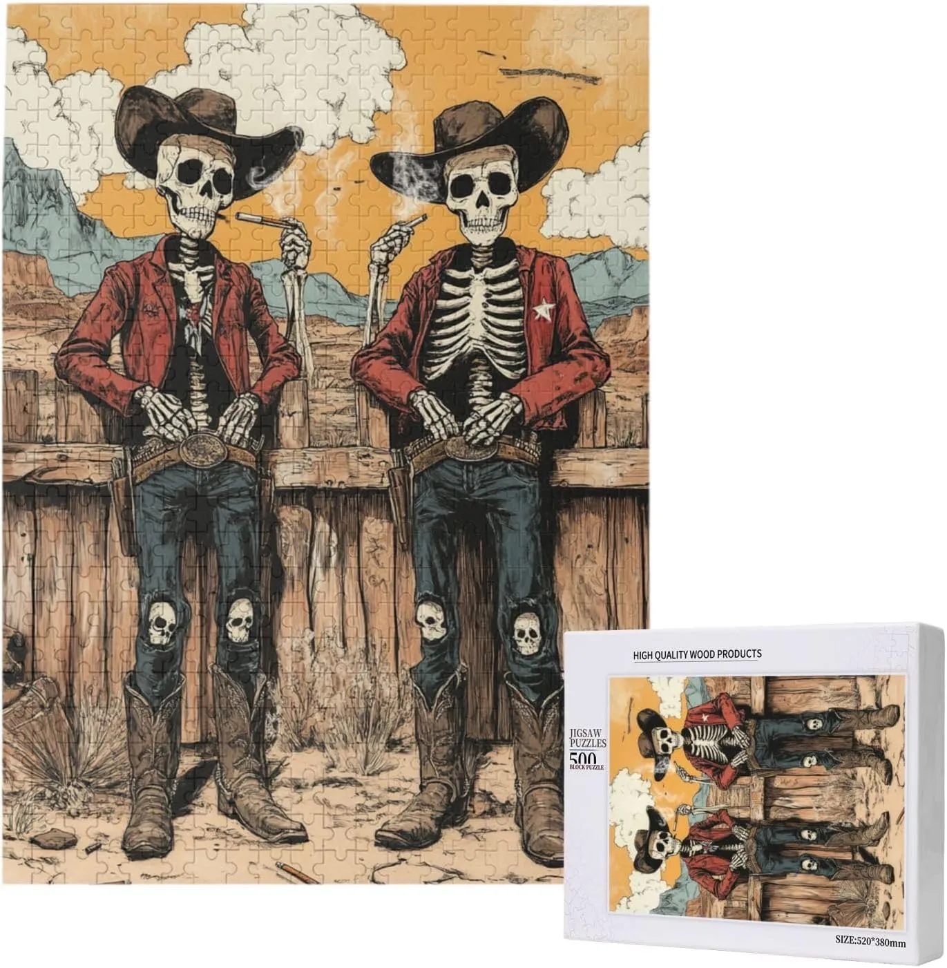500 Piece Wooden Puzzle for Adults,Two Skeleton Cowboys in Desert,Brain Training Challenge, Stress Relief Activity,Unique Artwork for Adult,Eco-Friendly Pieces，Gifts for Friends