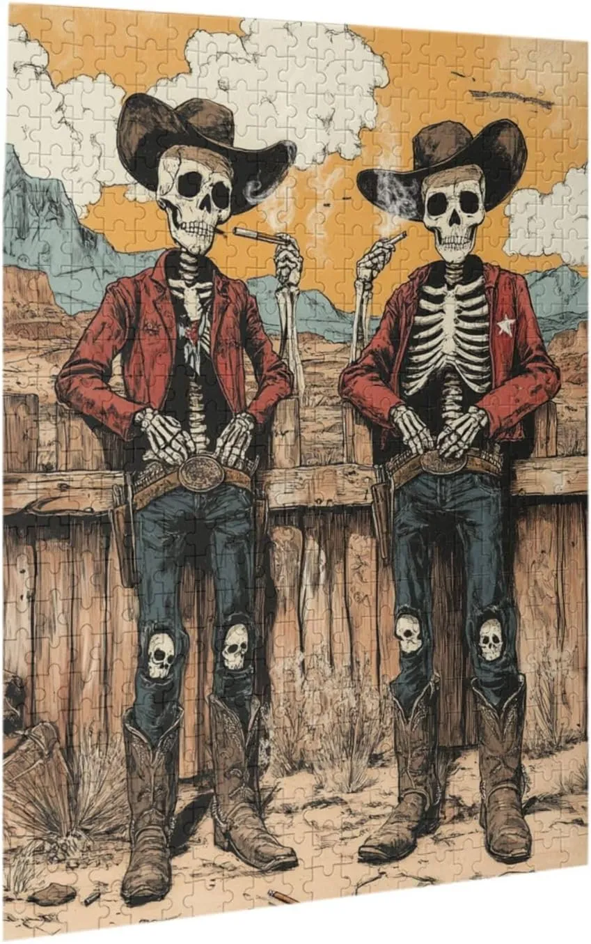500 Piece Wooden Puzzle for Adults,Two Skeleton Cowboys in Desert,Brain Training Challenge, Stress Relief Activity,Unique Artwork for Adult,Eco-Friendly Pieces，Gifts for Friends
