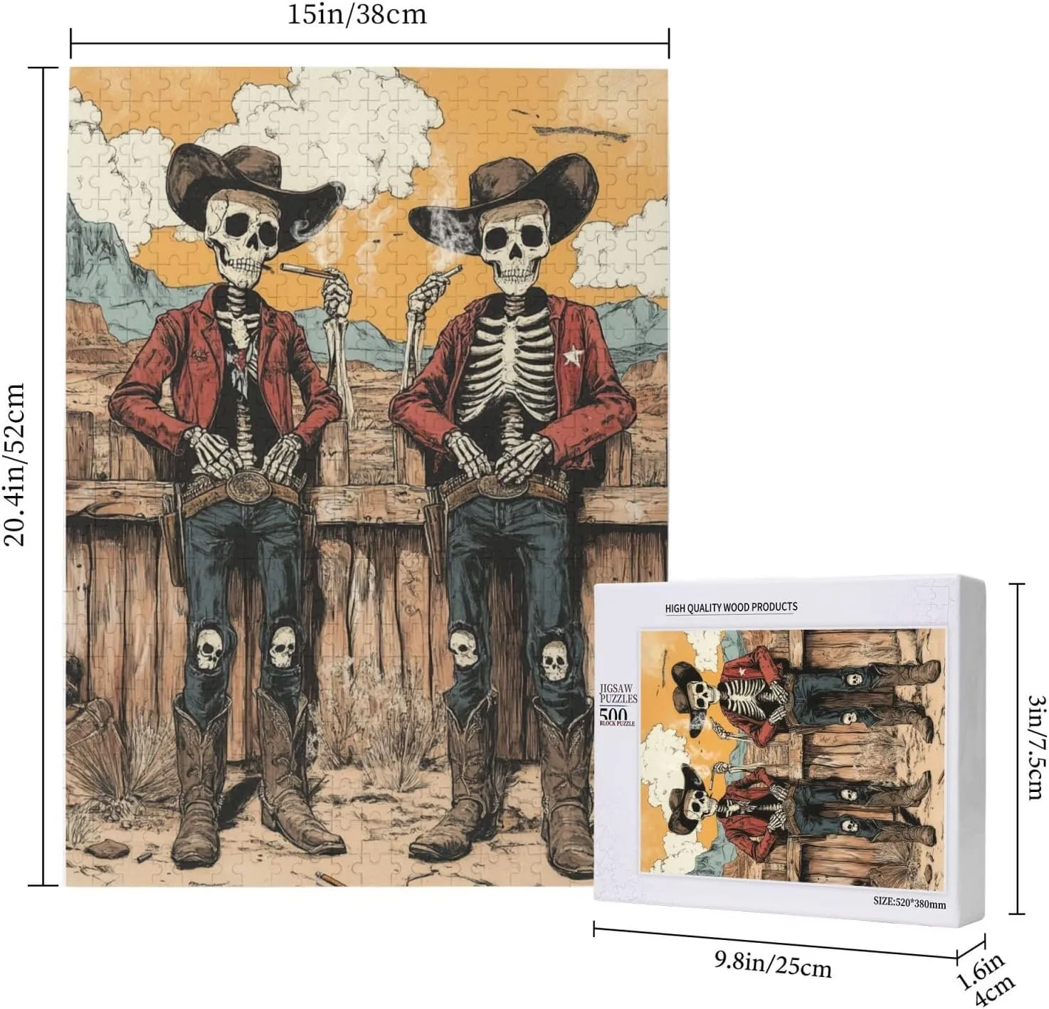 500 Piece Wooden Puzzle for Adults,Two Skeleton Cowboys in Desert,Brain Training Challenge, Stress Relief Activity,Unique Artwork for Adult,Eco-Friendly Pieces，Gifts for Friends