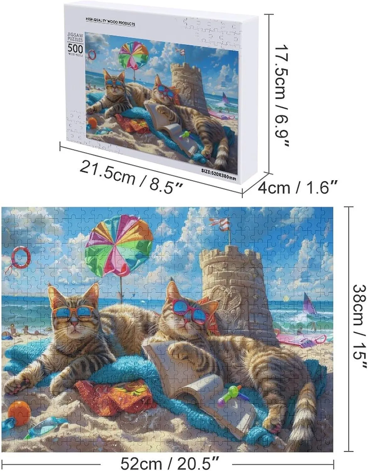 500 Pieces Adult Wooden Puzzle, Fun Beach Cat Party-2 Challenging Gift for Jigsaw Puzzle Lovers, Enjoy Happy Time with Friends, Framable Room Wall Decoration