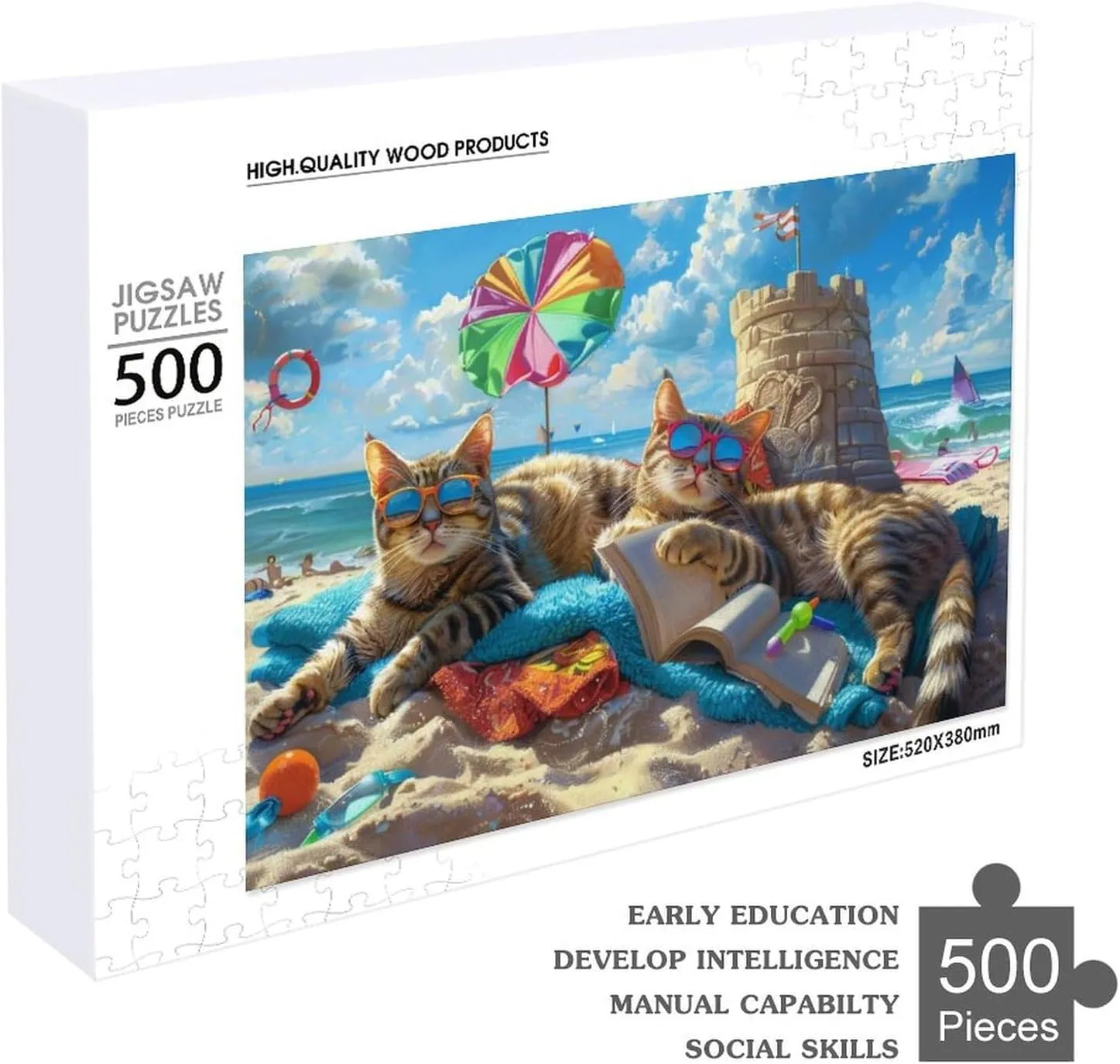 500 Pieces Adult Wooden Puzzle, Fun Beach Cat Party-2 Challenging Gift for Jigsaw Puzzle Lovers, Enjoy Happy Time with Friends, Framable Room Wall Decoration