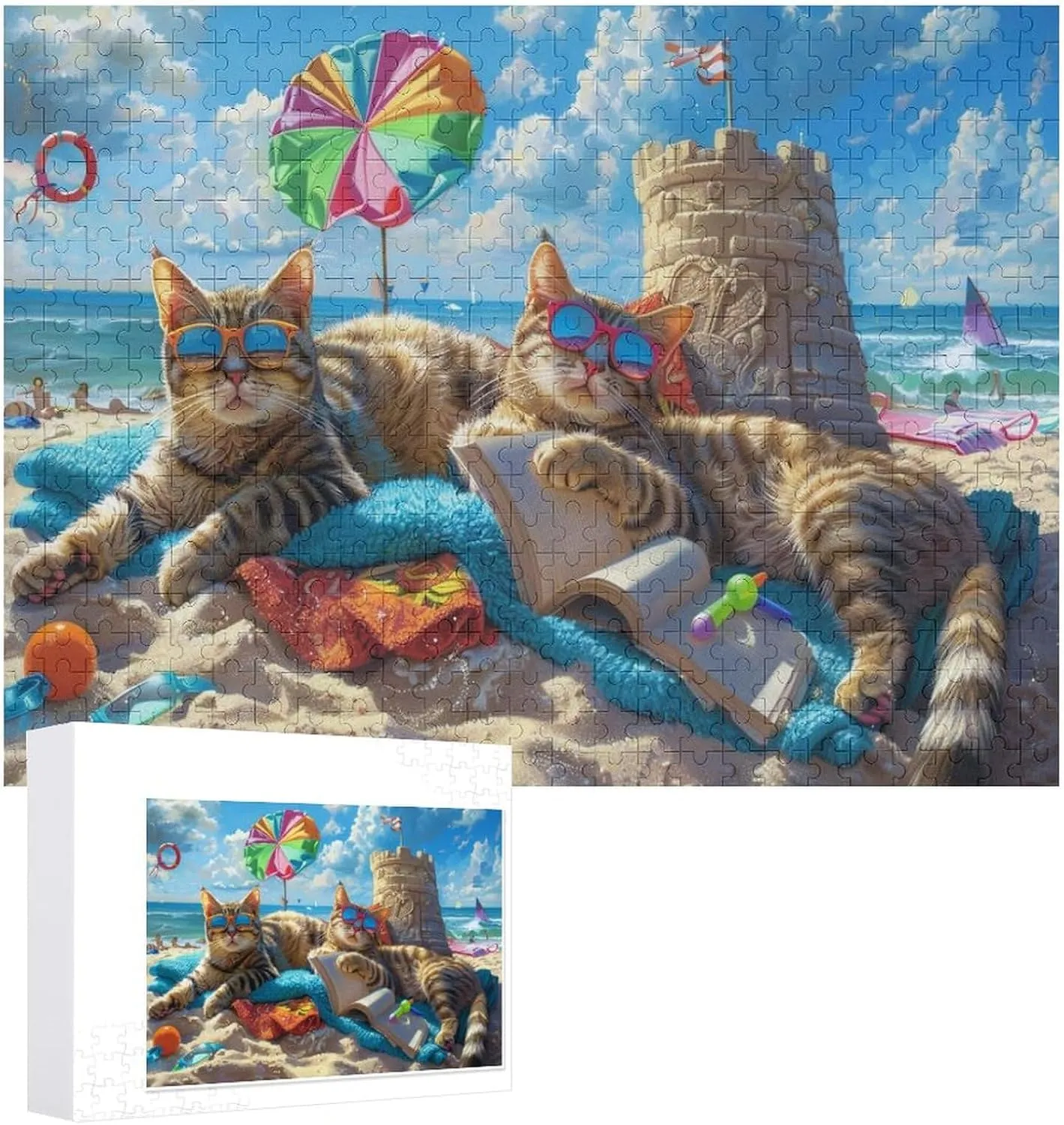 500 Pieces Adult Wooden Puzzle, Fun Beach Cat Party-2 Challenging Gift for Jigsaw Puzzle Lovers, Enjoy Happy Time with Friends, Framable Room Wall Decoration