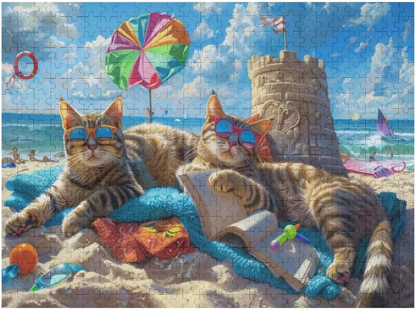 500 Pieces Adult Wooden Puzzle, Fun Beach Cat Party-2 Challenging Gift for Jigsaw Puzzle Lovers, Enjoy Happy Time with Friends, Framable Room Wall Decoration