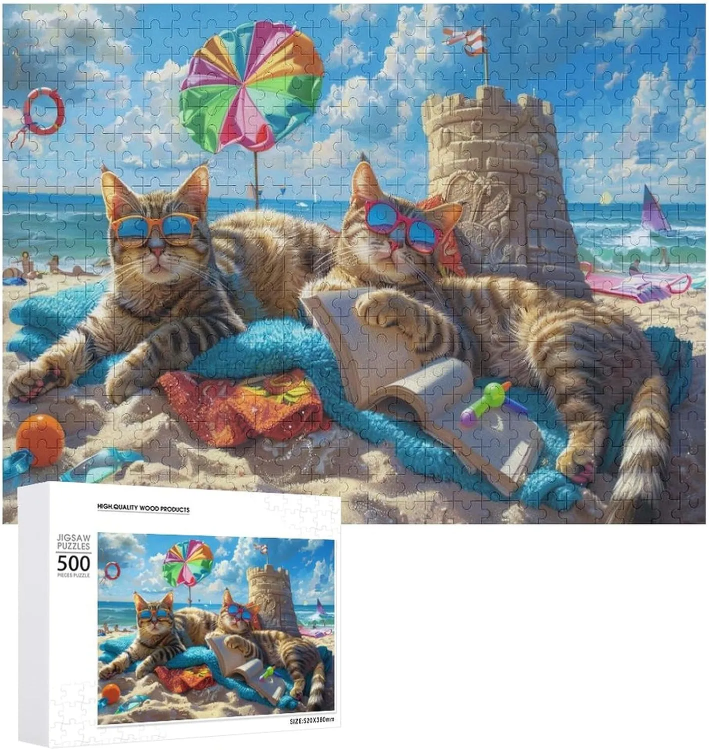 500 Pieces Adult Wooden Puzzle, Fun Beach Cat Party-2 Challenging Gift for Jigsaw Puzzle Lovers, Enjoy Happy Time with Friends, Framable Room Wall Decoration