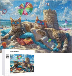 500 Pieces Adult Wooden Puzzle, Fun Beach Cat Party-2 Challenging Gift for Jigsaw Puzzle Lovers, Enjoy Happy Time with Friends, Framable Room Wall Decoration