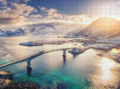 500 Pieces Jigsaw Puzzles for Adults Aerial View Bridge Sea and Snowy Mountains Islands Norway Puzzles Clearance Puzzles Great Gift for Boys Girls Family Activity Fun Puzzle Games Toys