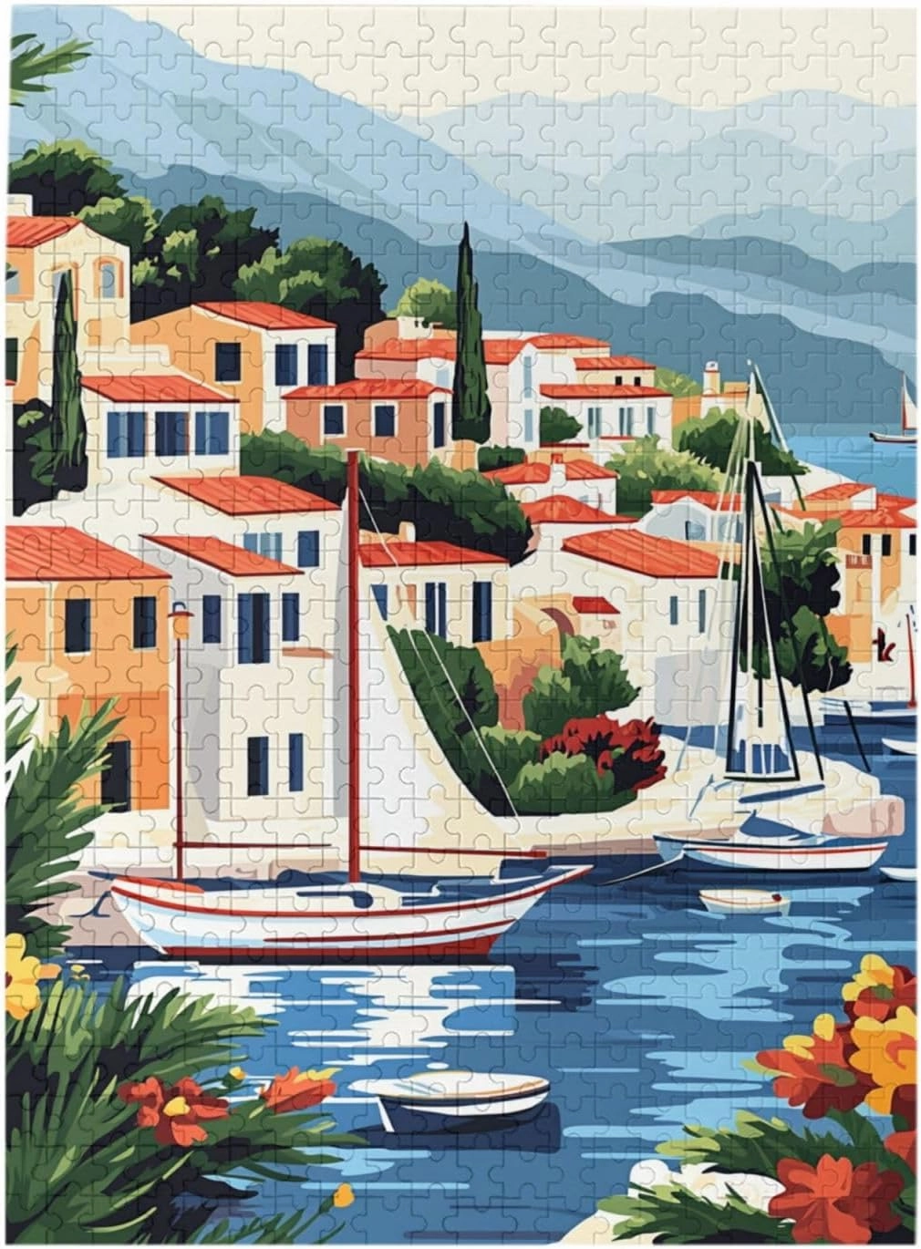 500 pcs puzzle for adults,fishing village pier, modern art style design, wooden puzzles, each piece is unique, ideal for training patience and concentration,pleasure both body and mind