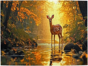 500 Pcs Wooden Puzzle for Adults, Golden Autumn Stag by Jungle Stream, Intricate Antler Textures with Floating Leaf Reflections, Creative Play & Holiday Party Gifts Artwork