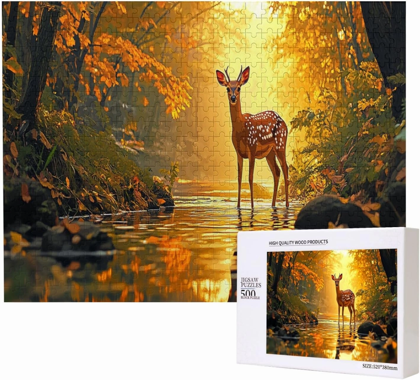 500 Pcs Wooden Puzzle for Adults, Golden Autumn Stag by Jungle Stream, Intricate Antler Textures with Floating Leaf Reflections, Creative Play & Holiday Party Gifts Artwork