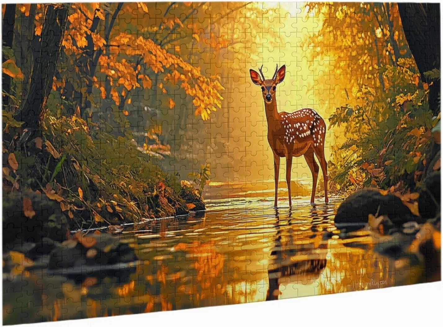 500 Pcs Wooden Puzzle for Adults, Golden Autumn Stag by Jungle Stream, Intricate Antler Textures with Floating Leaf Reflections, Creative Play & Holiday Party Gifts Artwork