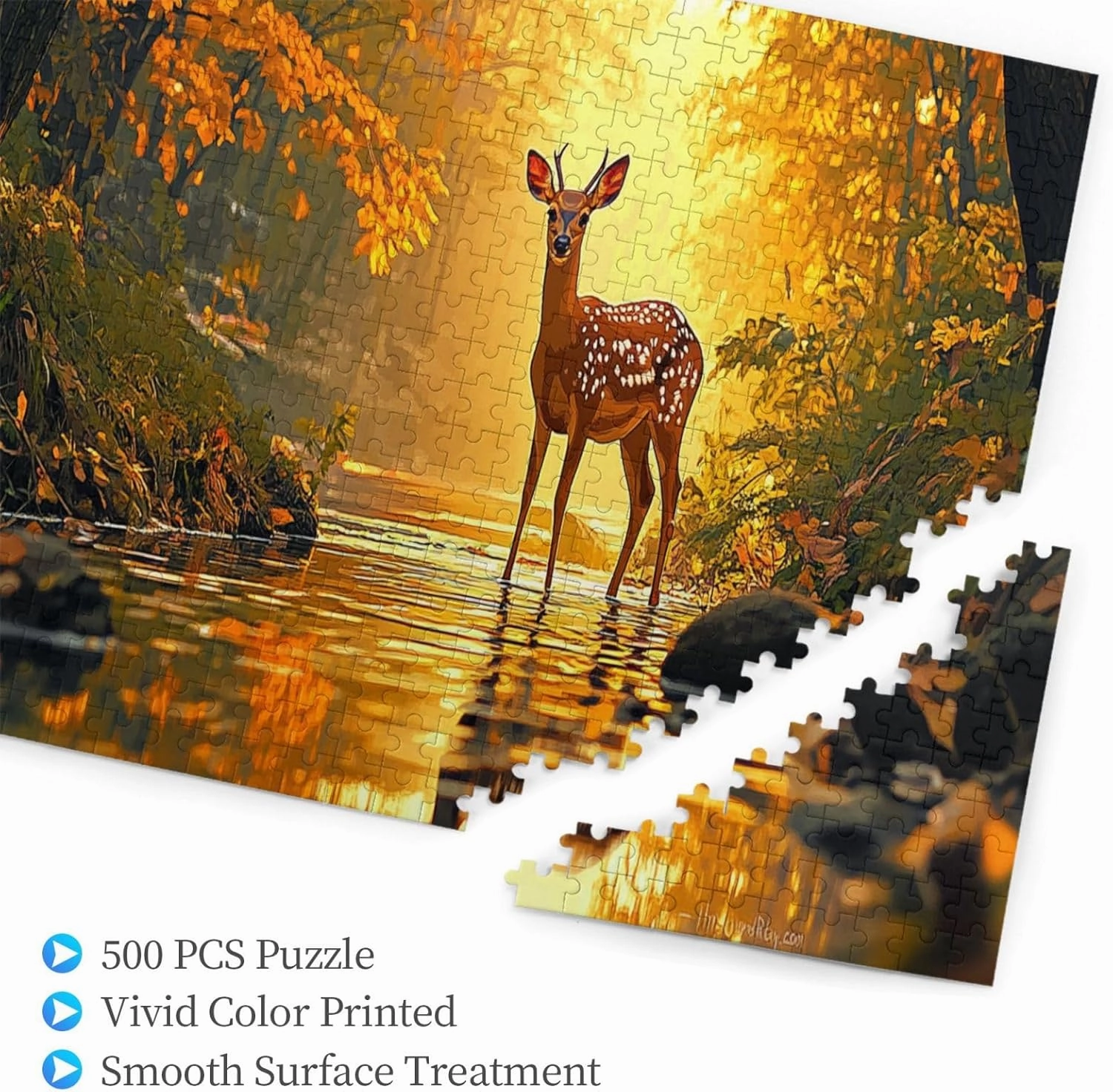 500 Pcs Wooden Puzzle for Adults, Golden Autumn Stag by Jungle Stream, Intricate Antler Textures with Floating Leaf Reflections, Creative Play & Holiday Party Gifts Artwork