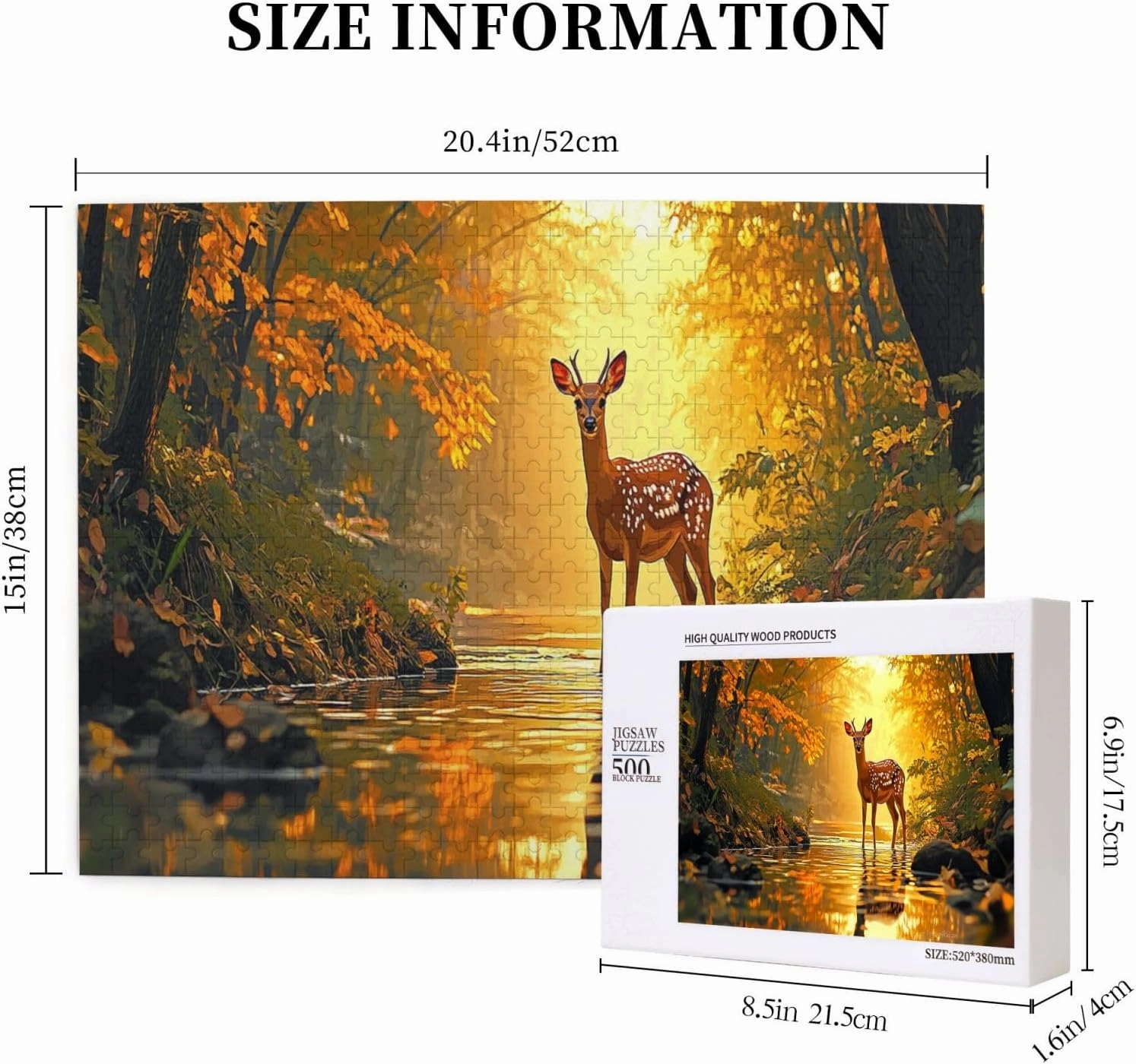 500 Pcs Wooden Puzzle for Adults, Golden Autumn Stag by Jungle Stream, Intricate Antler Textures with Floating Leaf Reflections, Creative Play & Holiday Party Gifts Artwork