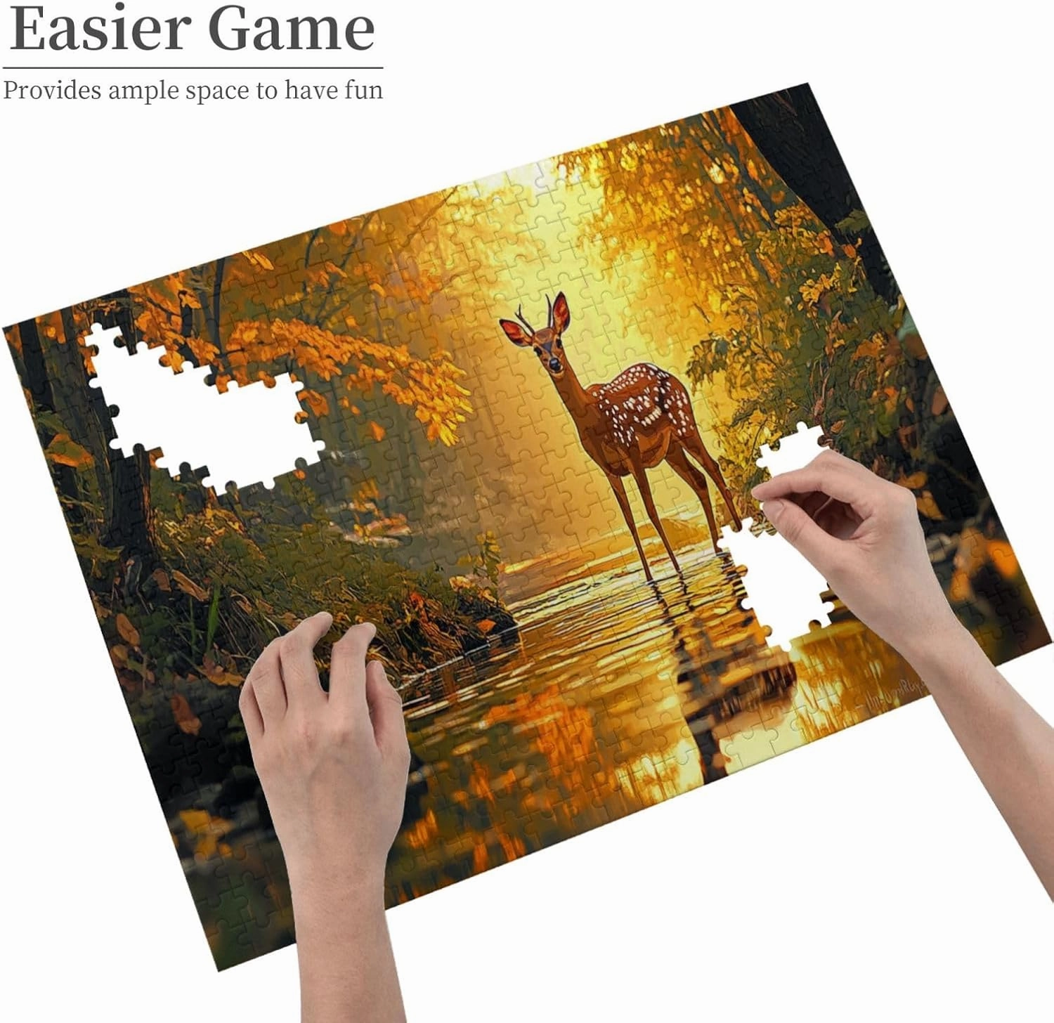 500 Pcs Wooden Puzzle for Adults, Golden Autumn Stag by Jungle Stream, Intricate Antler Textures with Floating Leaf Reflections, Creative Play & Holiday Party Gifts Artwork