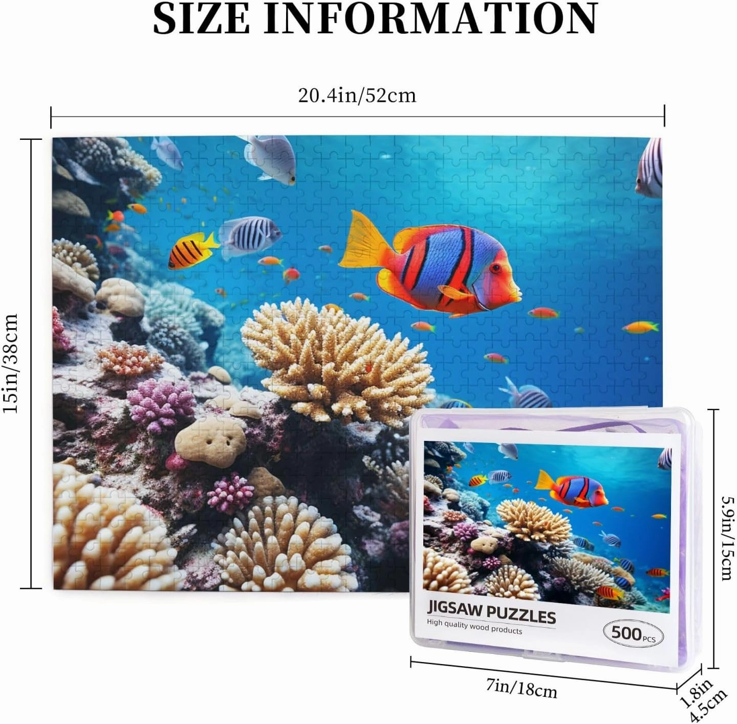 500 Piece Jigsaw Puzzle for Adults Challenging Puzzle for Game Nights Gifts Personalized Picture Puzzle Ocean Tropical Fish Coral Custom Wood Puzzle for Family, Finished Size 20.4"x15"