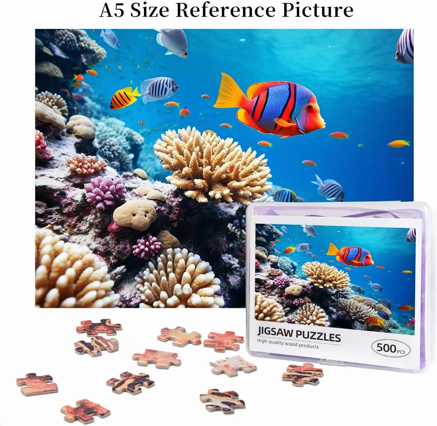 500 Piece Jigsaw Puzzle for Adults Challenging Puzzle for Game Nights Gifts Personalized Picture Puzzle Ocean Tropical Fish Coral Custom Wood Puzzle for Family, Finished Size 20.4"x15"