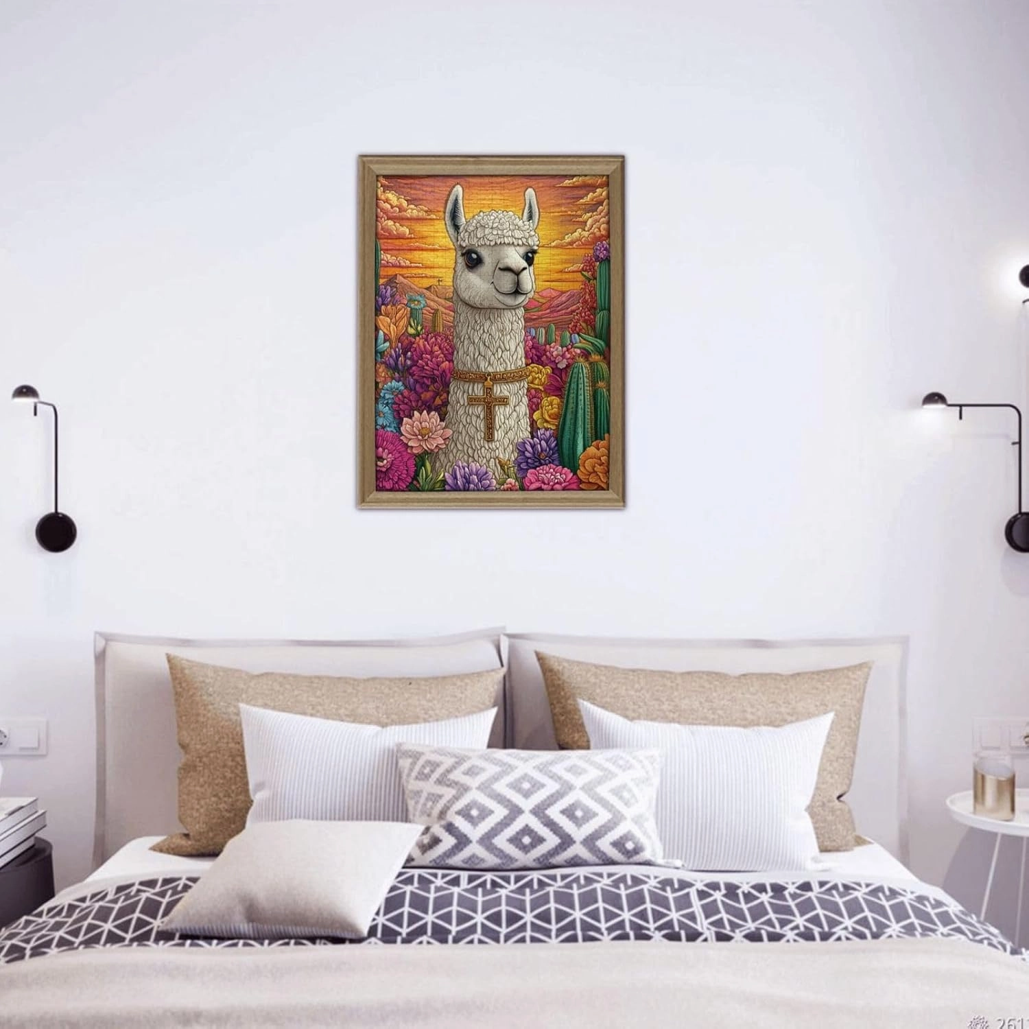 500 Piece Wooden Puzzle for Adults,an Alpaca Wearing A Cross Among The Desert Cacti,Brain Training Challenge,Stress Relief Activity,Spiritual Wilderness Artwork,Eco-Friendly Pieces