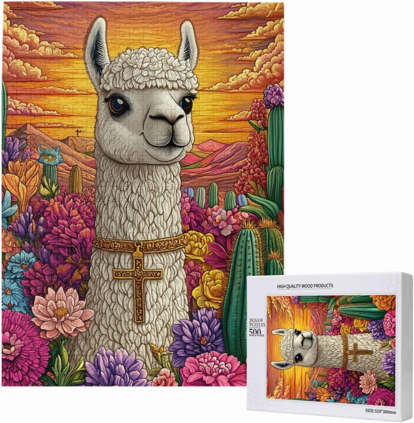 500 Piece Wooden Puzzle for Adults,an Alpaca Wearing A Cross Among The Desert Cacti,Brain Training Challenge,Stress Relief Activity,Spiritual Wilderness Artwork,Eco-Friendly Pieces