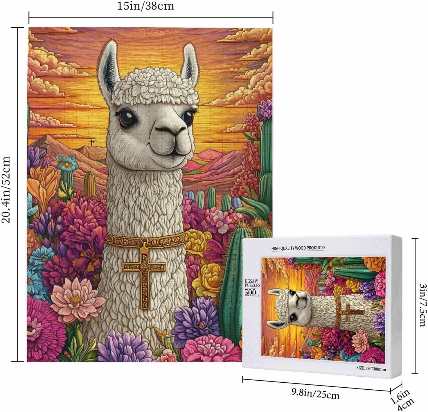 500 Piece Wooden Puzzle for Adults,an Alpaca Wearing A Cross Among The Desert Cacti,Brain Training Challenge,Stress Relief Activity,Spiritual Wilderness Artwork,Eco-Friendly Pieces
