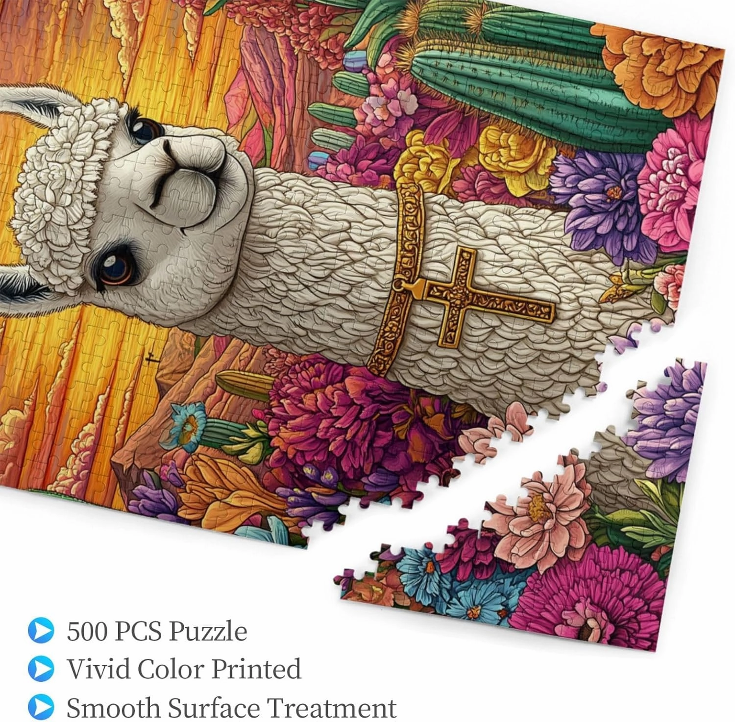 500 Piece Wooden Puzzle for Adults,an Alpaca Wearing A Cross Among The Desert Cacti,Brain Training Challenge,Stress Relief Activity,Spiritual Wilderness Artwork,Eco-Friendly Pieces